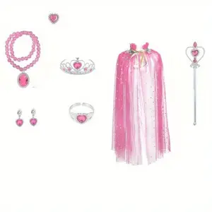 7Pcs Girls Sequins Jewelry, Princess Role-Play Costume Accessories Set, Sparkling Earring Round-Shaped Pendant Necklace Crown Cloak Magic Wand Bracelet Ring, Suitable for Performances, Birthday, Theme Parties