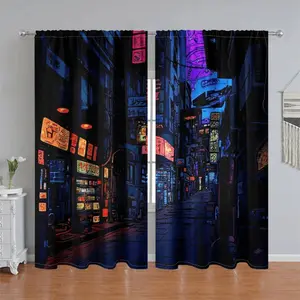 2Pcs Neon Night City Street Printed Curtains, Vibrant Alleyway View, Pole Pocket, Semi Sunshade, Anti Privacy, Window Accessory, Suitable for Home Living Room, Bedroom, Balcony, Kitchen, Study and Shower Decoration.