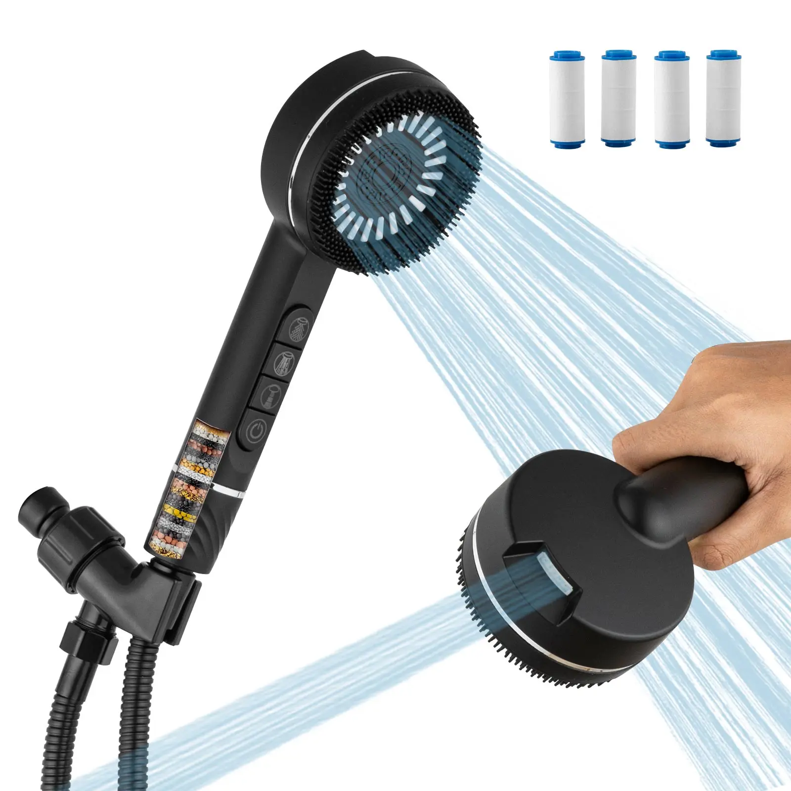 FAFUNWATERPAR Extensible Faucet-Mounted High Pressure Shower Kit, Push-Button Filter, 4-Mode Adjustable Handheld Showerhead, Built-In Reusable Mineral Beads, 4 Cartridges, Shower Arm & Hose, High Pressure Showerhead