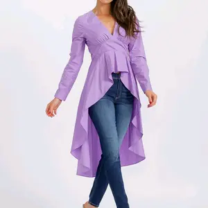 Womens Hi-Lo Long Sleeve Blouse in Lavender with Asymmetrical Hem and V-Neck Design for a Chic Look - SMALL