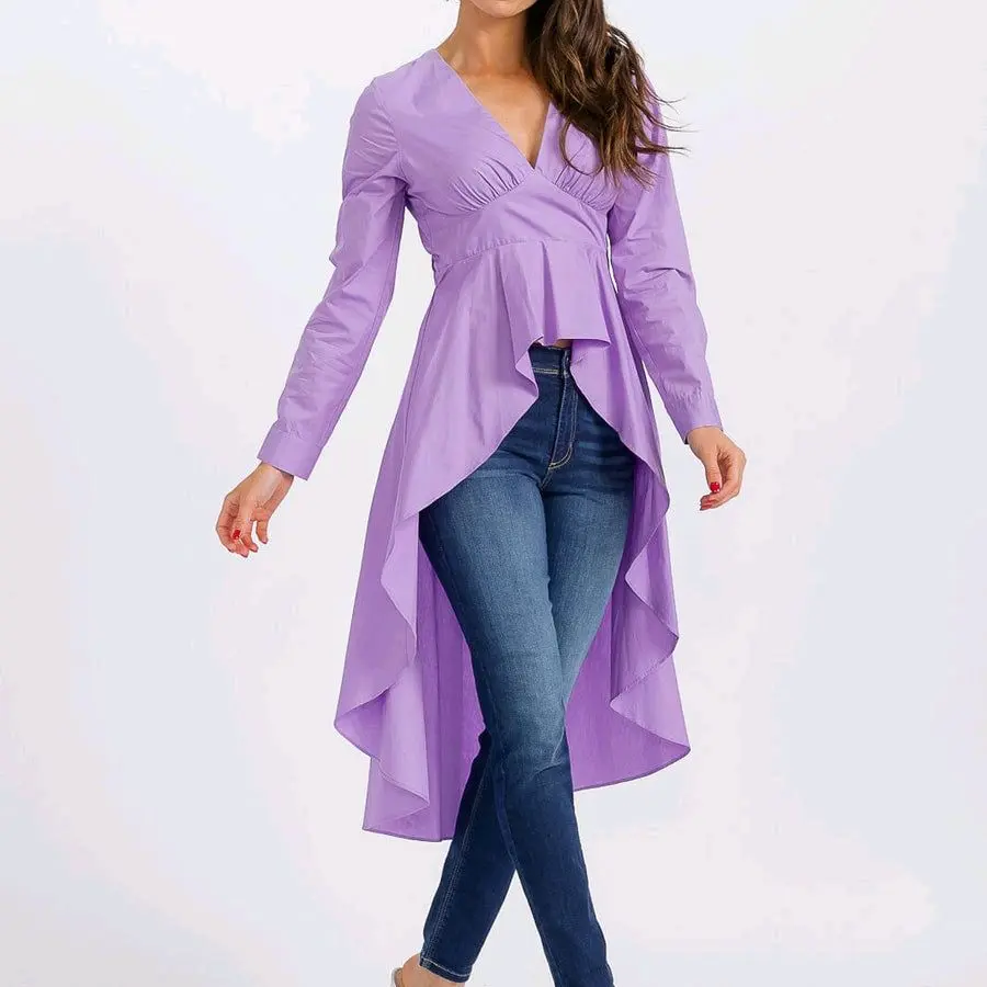 Womens Hi-Lo Long Sleeve Blouse in Lavender with Asymmetrical Hem and V-Neck Design for a Chic Look - LARGE
