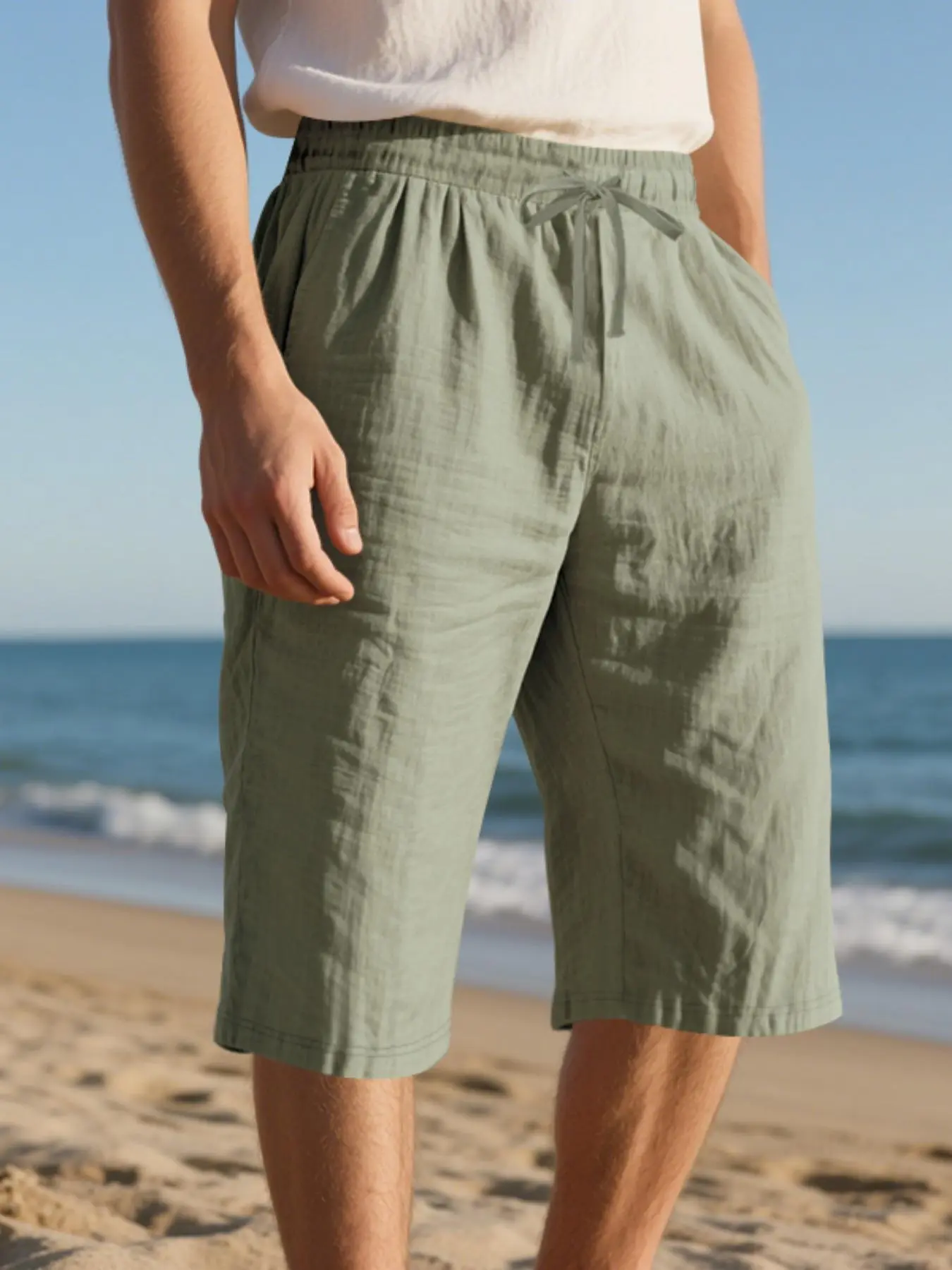 Men's Solid Color Linen Knee-Length Shorts, Regular-Fit Casual Comfy Drawstring Waist Shorts for Daily Wear, Men's Bottoms for Summer, Streetwear, Sporty Shorts, Drawstring Athletic Shorts