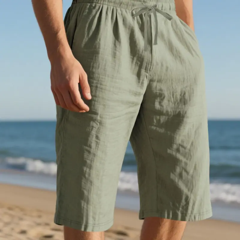Men's Solid Color Linen Knee-Length Shorts, Regular-Fit Casual Comfy Drawstring Waist Shorts for Daily Wear, Men's Bottoms for Summer, Streetwear, Street Style Shorts, Sporty Shorts, Drawstring Athletic Shorts