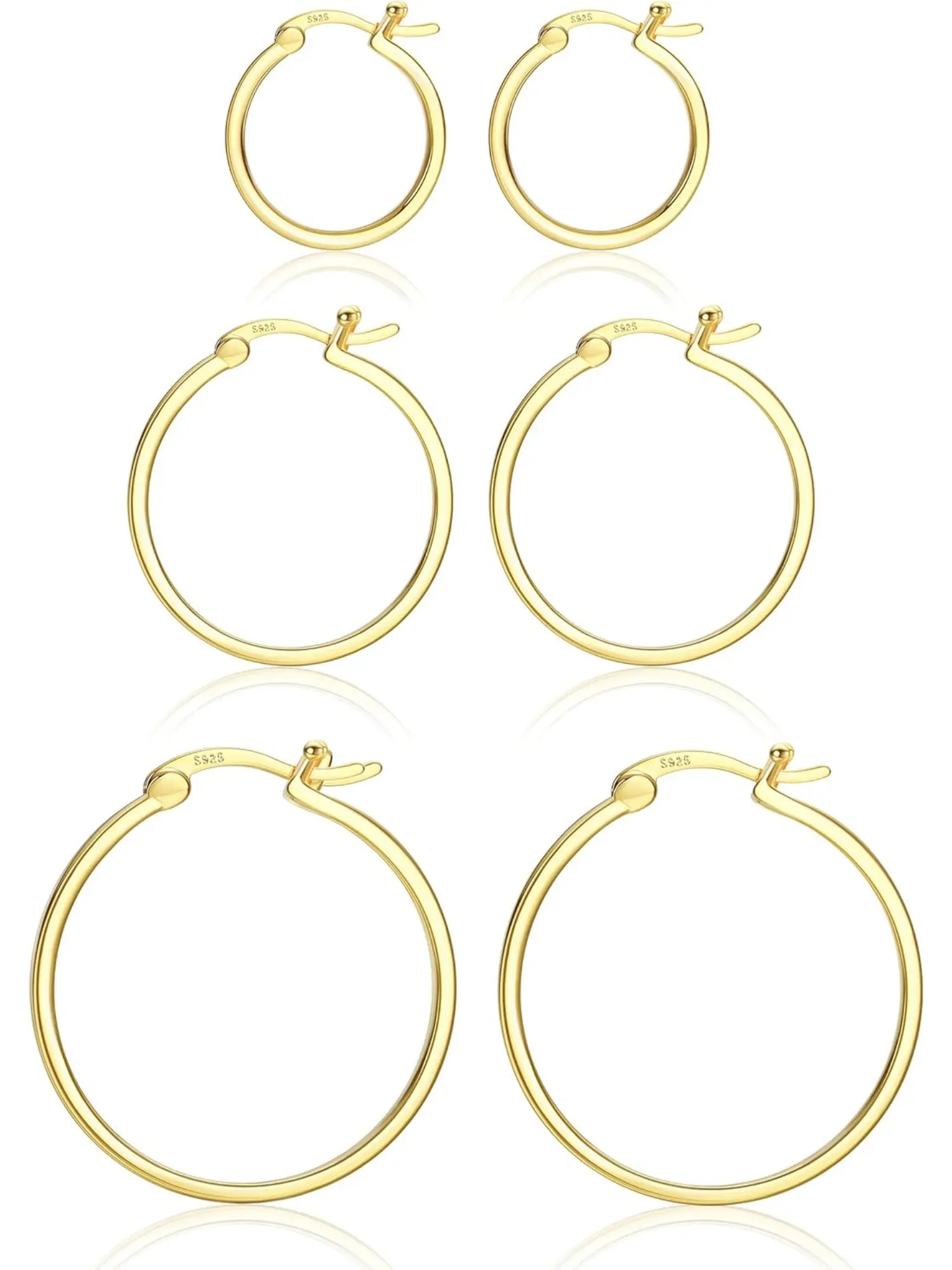 1 or 3 Pairs of 18K Gold-plated Hoop Shape Earrings-925 Sterling Silver Hoop Earrings Women's Hypoallergenic Hoop | Ladies Square Hoop Earrings 15mm/20mm/30mm/40mm Earrings Hoops