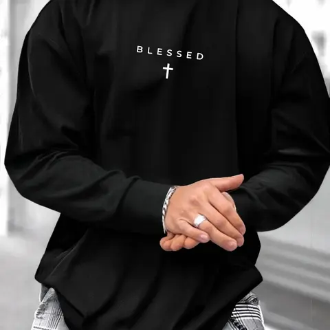 Men's Casual Loose Fit Crewneck Long Sleeve T-Shirt, Soft Sweat-Absorbing Fabric, Graphic Letter Print, Street Style for Fall & Winter