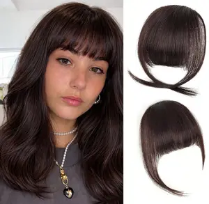VOSILK Clip in Bangs Synthetic Hair Clip on Wispy Bangs Fringe with Temples Hairpieces Fake Front Bangs Extensions for Women Jet Brown Color