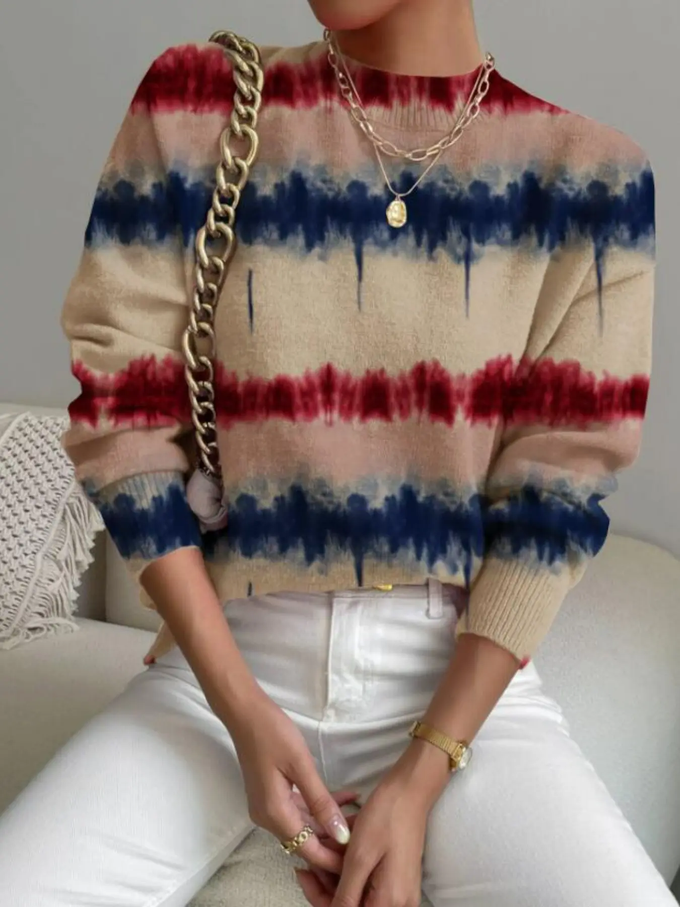 Women's Casual Tie-Dye Gradient Print High Neck Sweater, New Fashion Women's Knit Top, Fitted Style, All Seasons Wear