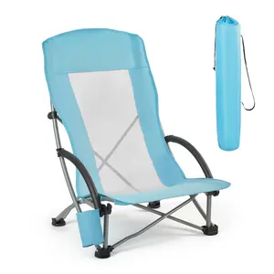Folding Beach Chair for Adults, High Back Camping Chair with Cup Holder, Mesh Back, Carry Bag, Extra Wide Seat, 330 lb Capacity, Heavy Duty Portable Outdoor Camp Chair, Lightweight, Light Blue