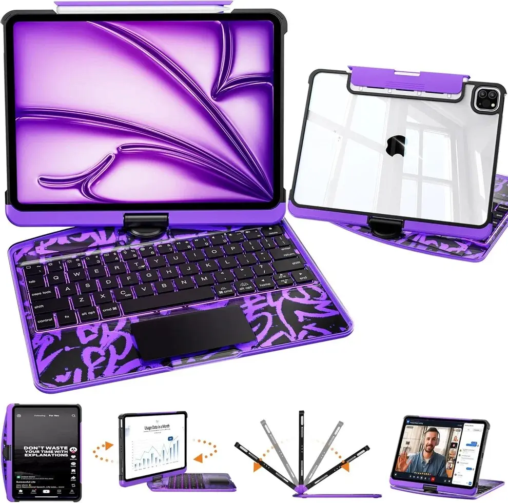 iFacemall Transparent Y2K iPad Magic Case (10.9/11 inch for iPad 10th/11th(A16)) -360° Rotating Multi-TouchTrackpad, RGB Backlit Keyboard, Transparent Back, PencilHolder, Type-C Charging