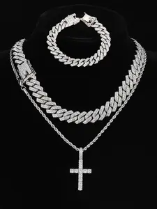 Rhinestone Decorated Cuban Chain Necklace & Bracelet, Fashion Jewelry for Party, Daily Clothing Decor, Trendy All-match & Exquisite Jewelry for Birthday Gift