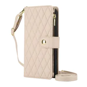 Women's Quilted RFID Blocking Silicone Zipper Wallet Phone Case for iPhone 17/16/15/14/13/12 Series - Multi Card Slots, Crossbody Lanyard, Wrist Strap, Magnetic Flip Leather Kickstand, Shockproof Cash Holder, Birthday Gift Phone Accessories