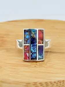 Inlay Ring Sterling Silver | Turquoise Purple Pink Inlay | Chunky Navajo Style Women’s Ring | Handmade Southwestern Jewelry 925