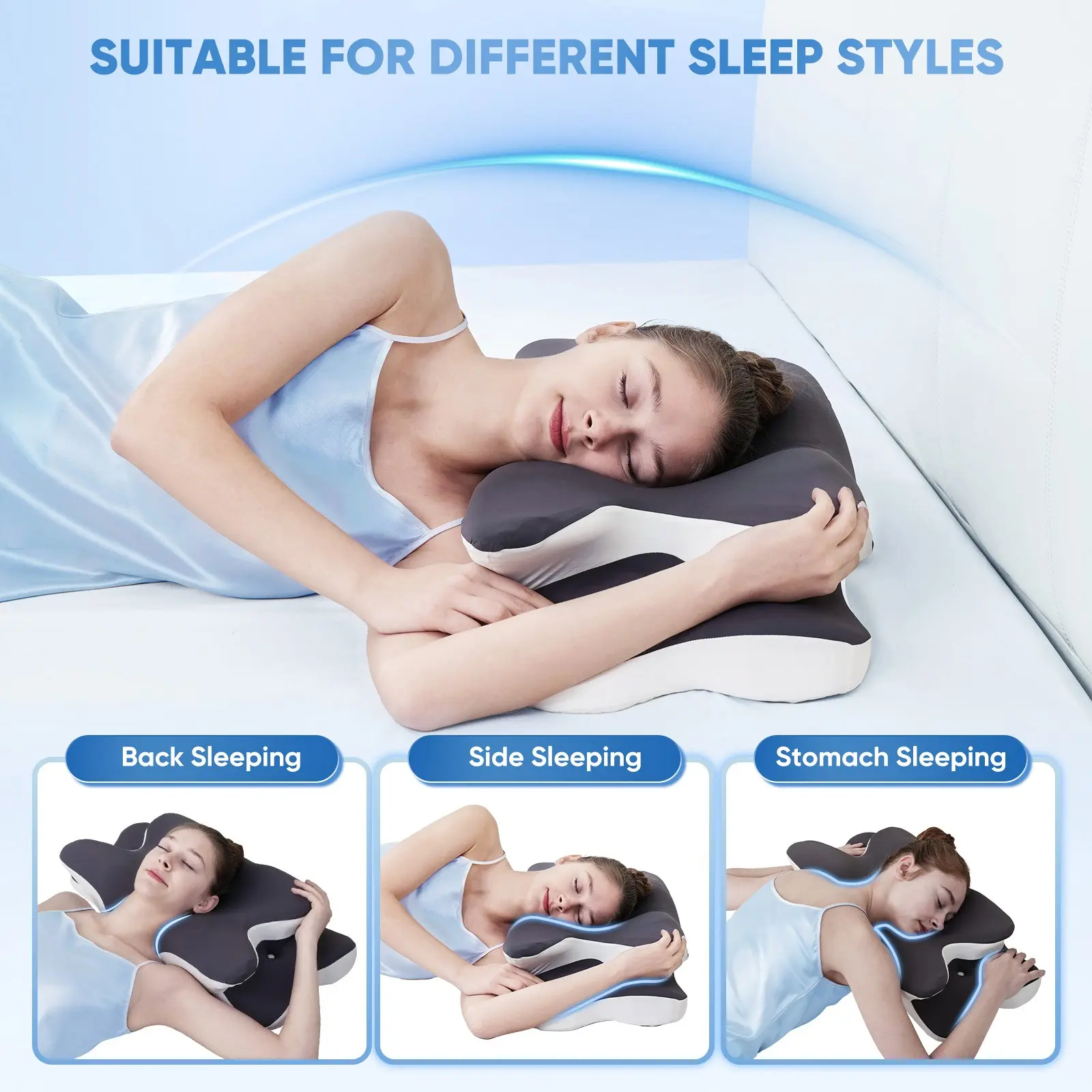 Contoured pillow shown with back, side and stomach sleeping positions