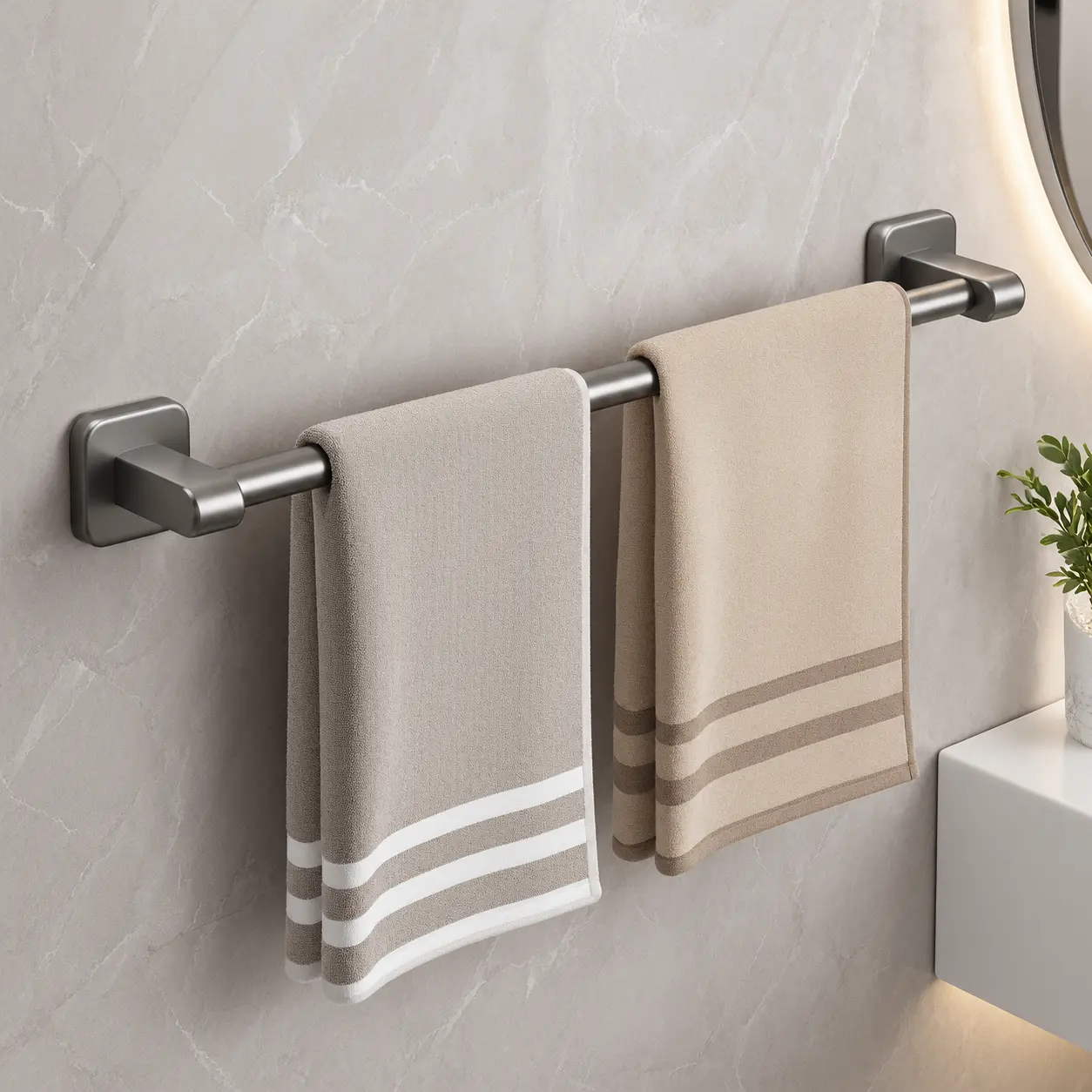 No Drill Towel Bar, 20 Inch Self Adhesive Wall Mounted Towel Rack, Heavy Duty Aluminum Towel Holder with Strong Adhesive, Damage Free Bathroom Towel Bar for Kitchen, Laundry Room and RV