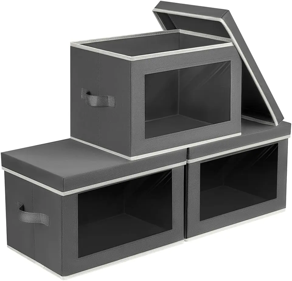Homsorout Storage Bins with Lids - Fabric Storage Boxe with Window, Collapsible Closet Organizers with Handles, 3 Pack Decorative Bin, Home Cubes Baskets for Clothes, Hat, Books, Dark Grey