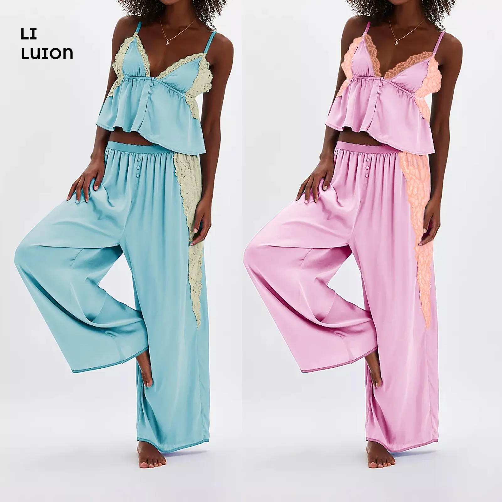 Women's Satin Lace Patchwork Pajama Sets Spaghetti Strap Ruffled Cami Tops With Loose Pants 2pcs Soft Sleepwear