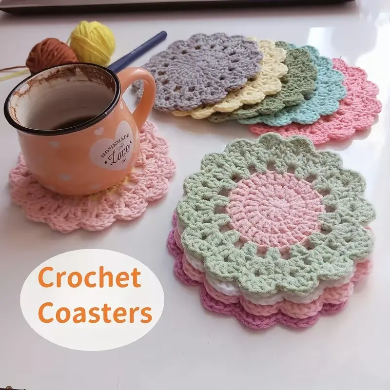 Handmade Cute Coasters, Funny Flower Coasters, Crochet Coaster Set with Flowerpot Holder, Soft Decorative Coasters for Home Bar Desk