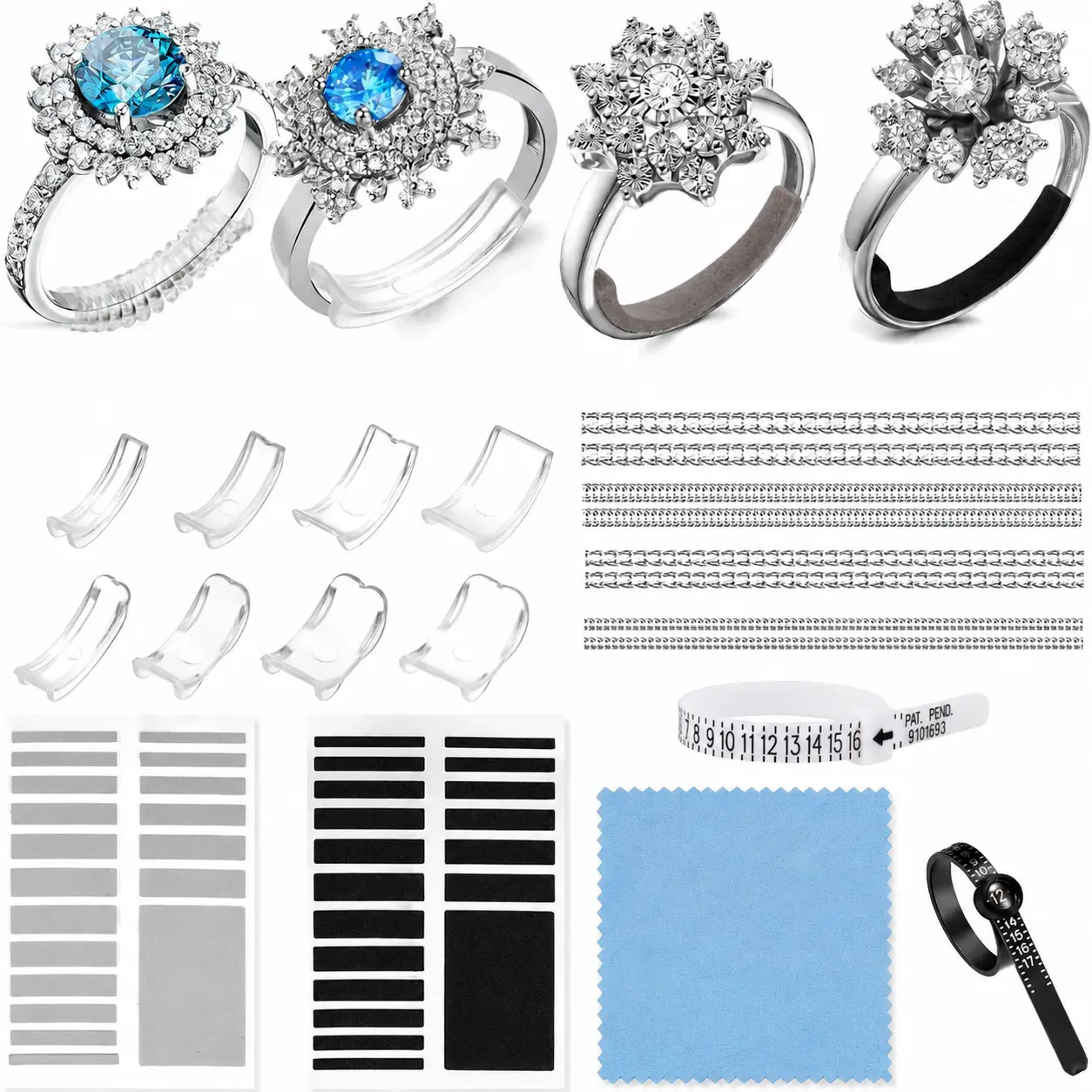 21Pcs Invisible Ring Size Adjuster for Loose Rings, Unisex Ring Tightener with Inserts, Spirals & Sizing Strips, Reduce Ring Size 0.5–1 Sizes, Fit 1-10mm Wide Ring Bands, Anti-Spin Ring Resizer