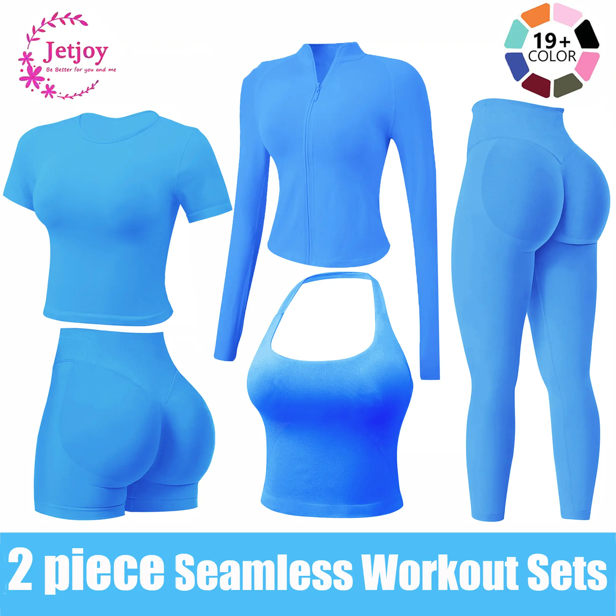 Jetjoy 2 Piece Workout Sets for Women, Long or Short Sleeve T Shirt Tank Top + Workout Shorts Butt Lifting Gym Seamless Booty Biker Shorts, Going Out