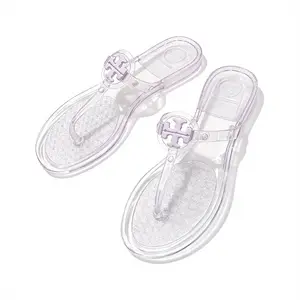 Trendy Lavender Clear Jelly Thong Sandals with Decorative Logo Detail - Non-Slip Transparent Flat Flip Flops, Lightweight Summer Sandals for Women Beach & Vacation