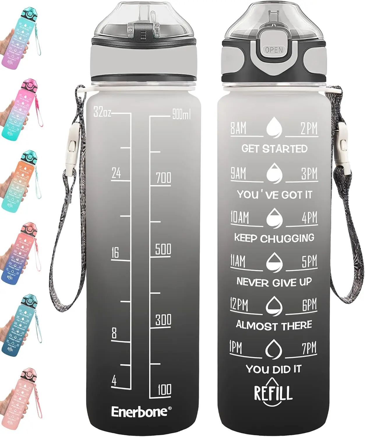 32 oz Motivational Water Bottle with Straw & Time Marker, Leakproof BPA-Free Sports Water Bottle with Carrying Strap, Reusable Gym Water Bottle for Fitness, Travel, Hiking & Outdoor