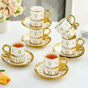 6 Set European Style Light Luxury Ceramic Coffee Cups with Dish Office Mug Gold Edged Afternoon Tea Cup Set Household Drinkware Stylish Drinkware