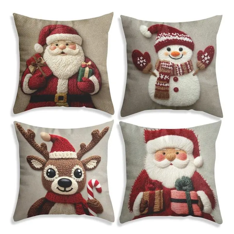 4-Piece Holiday Christmas Cushion Cover Set - Polyester Zippered Cushions with Santa Claus, Snowman, Reindeer, Candy Cane Prints, Machine Washable for Living Room Sofa Festive Decorations