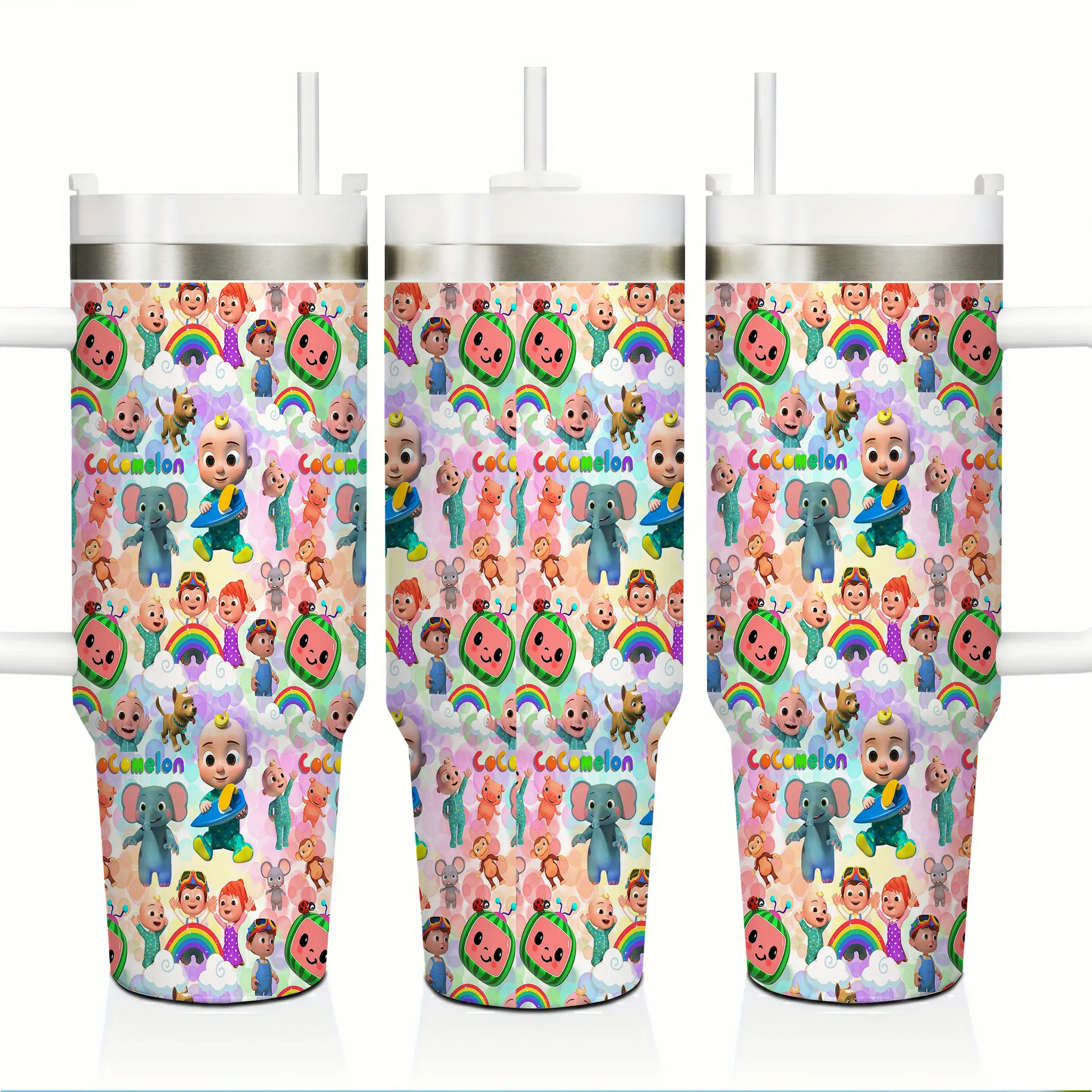 CoComelon Kids 40oz Colorful Cartoon Insulated Tumbler with Straw and Handle Stainless Steel Travel Mug Leak-Proof Thermal Cup Keeps Drinks Hot 12H Cold 24H for Office Home Outdoor Gift