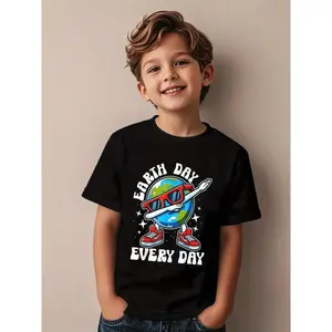 Boys' Earth Day T-Shirt – Fun "Earth Day Every Day" Graphic Tee With Rocket & Planet Design, Casual Round Neck Short Sleeve Shirt For Youngsters, 180g, Black, Everyday Youngsters Clothing |   Playful Youngsters Design |   Durable Youngsters Wear