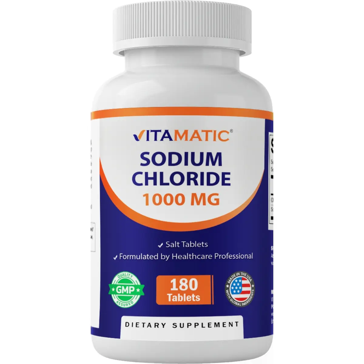 Vitamatic 1000mg Sodium Chloride Salt Tablets - 180 Tabs, GMP Certified, Non-GMO, Gluten-Free, Dairy-Free Adult Dietary Supplement for Electrolyte Boost & Healthcare Support (Compatible with Electrolyte Drink Mix)