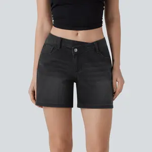 Halara Halara Flex Asymmetric Low Rise Multiple Pockets Washed Stretchy Knit Denim Casual Shorts