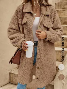 Women's Winter Plush Knit Coat, Button Front Collar Design, Loose Fit Long Jacket, Warm & Cozy Outerwear for Women, Womenswear