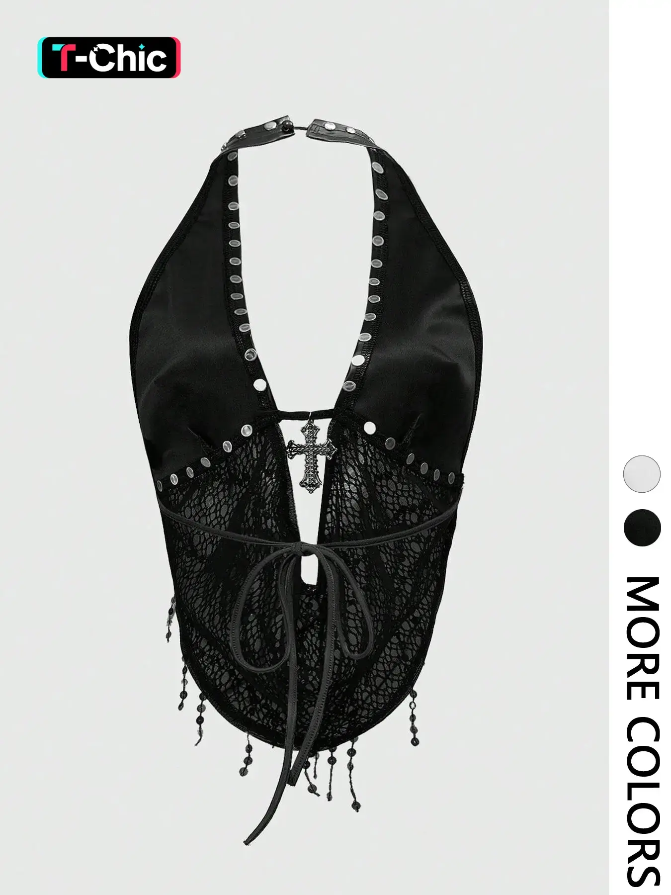 Sheer Mesh Chic Halter Neck Top with Beaded Tassels Halter Tied - Ideal for Date Nights, Parties & Gothic Outfits | Y2K Fashion, Grunge Aesthetic, Edgy Going Out Top