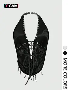 Sheer Mesh Halter Neck Top with Beaded Tassels Halter Tied - Ideal for Date Nights, Parties & Gothic Outfits | Y2K Fashion, Edgy Going Out Top