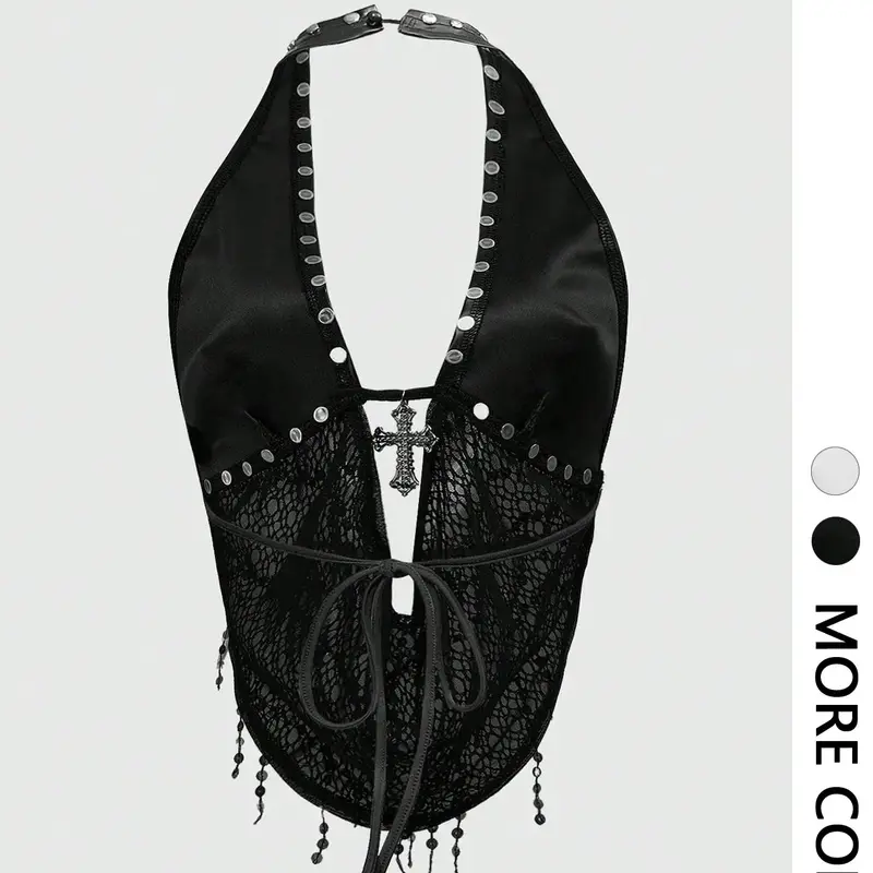 Sheer Mesh Top with Beaded Tassels Halter Cut Out Tied - Ideal for Date Nights, Parties & Gothic Outfits | Y2K Fashion, Grunge Aesthetic, Edgy Going Out Top