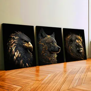 3Pcs Wooden Framed Canvas Painting, Black Gold Eagle Wolf Lion Animals, Exquisite Poster, Home Decoration, Pattern Wall Art Decor, For Living Room, Bedroom, Office, Restaurant, Bar Wall Decor, Waterproof, Odorless, Painting, Print Artwork.