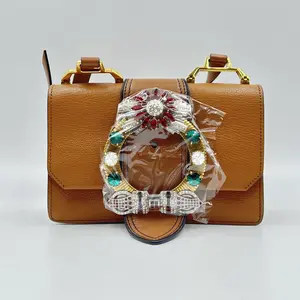 Pre-owned miu miu Leather Crossbody Bags Crystal Embellished Crossbody Bag brown