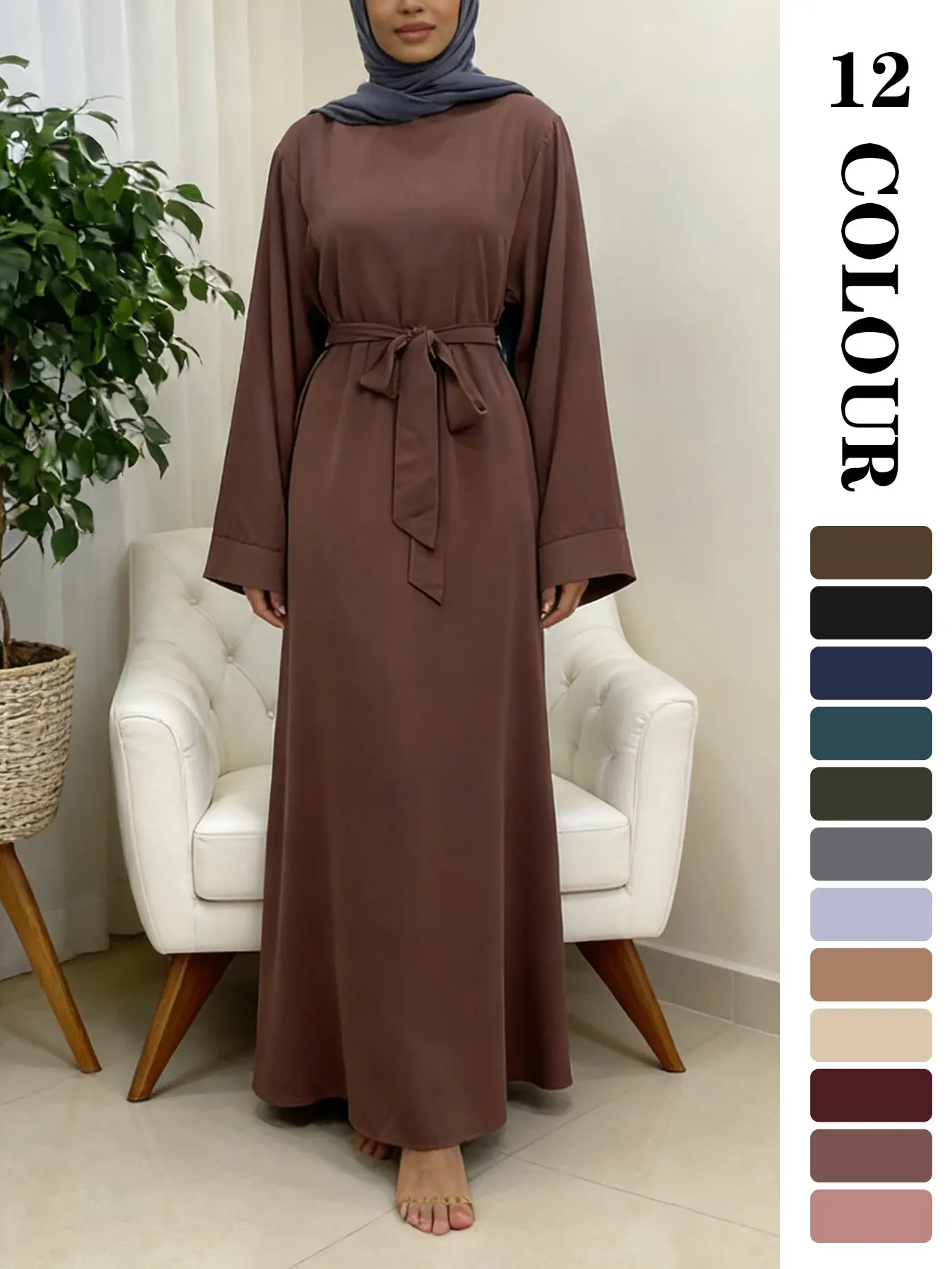 Fashionable Loose Muslim Modest Style Caftan Dress, Nida Fabric, 5 Dubai Sizes, Suitable for Any Occasion, Long Sleeve Maxi Belted Design, Long Sleeve Dresses, Modest Muslim Clothing