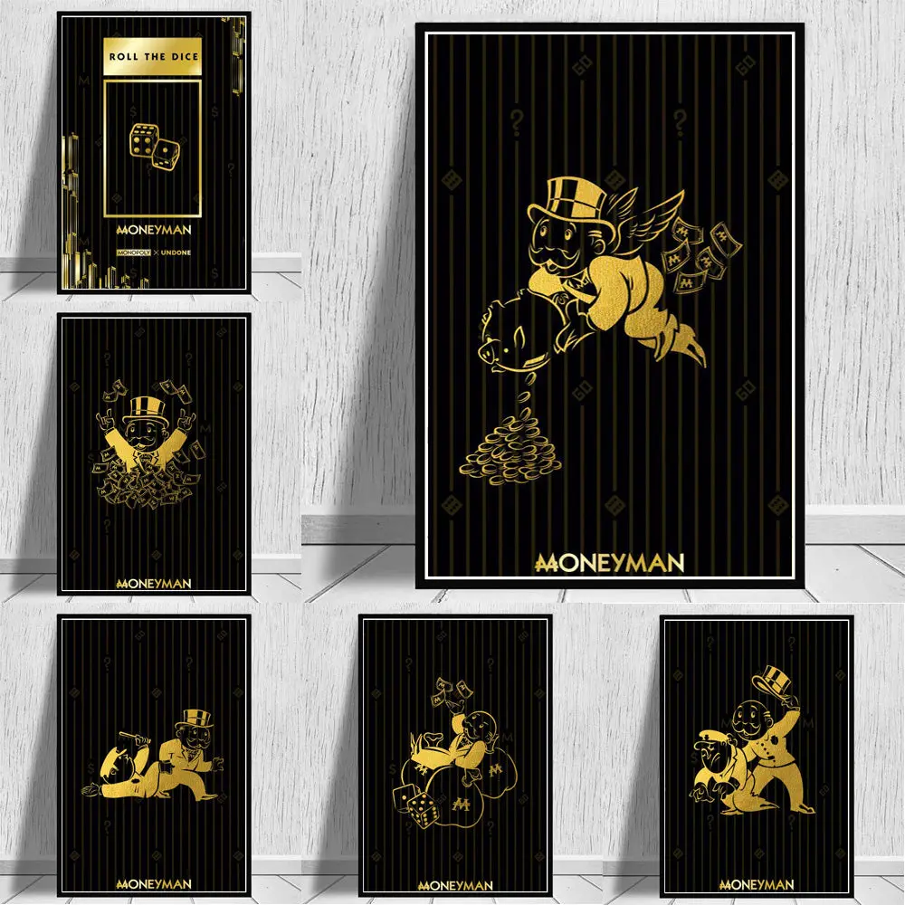 Abstract Golden Monopoly Canvas Wall Painting, Unframed Moneyman Poster Print - Gold Decor for Home Inspo, Home Decor Accent, Multi-Size, One-Piece