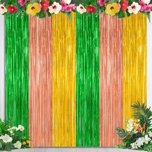 Luau Party Supplies Pack, 3.28 FT x 7.05 FT Summer Foil Backdrop, Green Brown Yellow Backdrop Tinsel Curtains Streamer Fringe Curtains, Metallic Hawaiian Decorations for Aloha Party