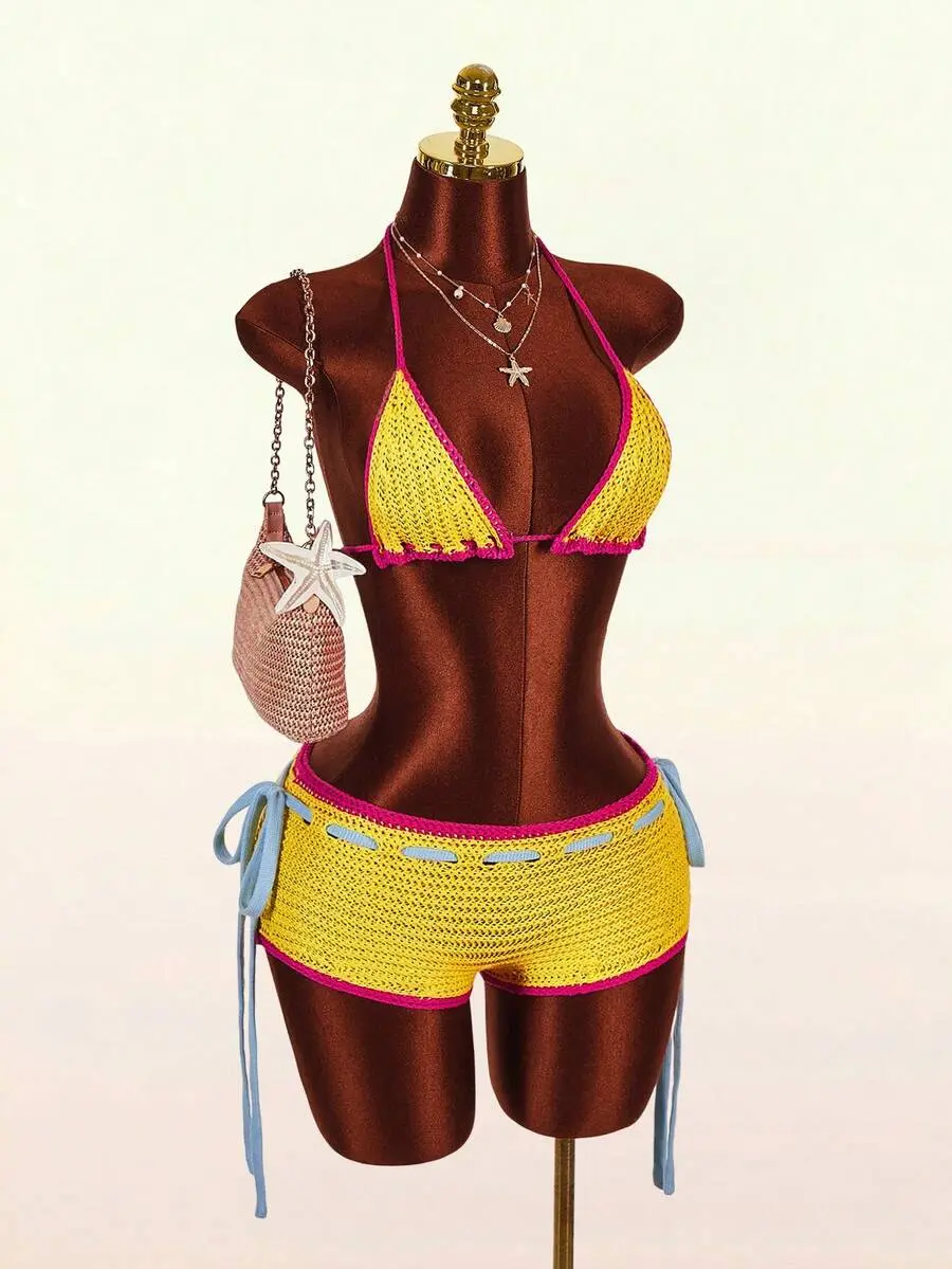 2026 New Dopamine Color Vacation Women Knitted Mini Bikini Set, Sexy And Avant-Garde, Suitable For Beach Party Yellow Summer