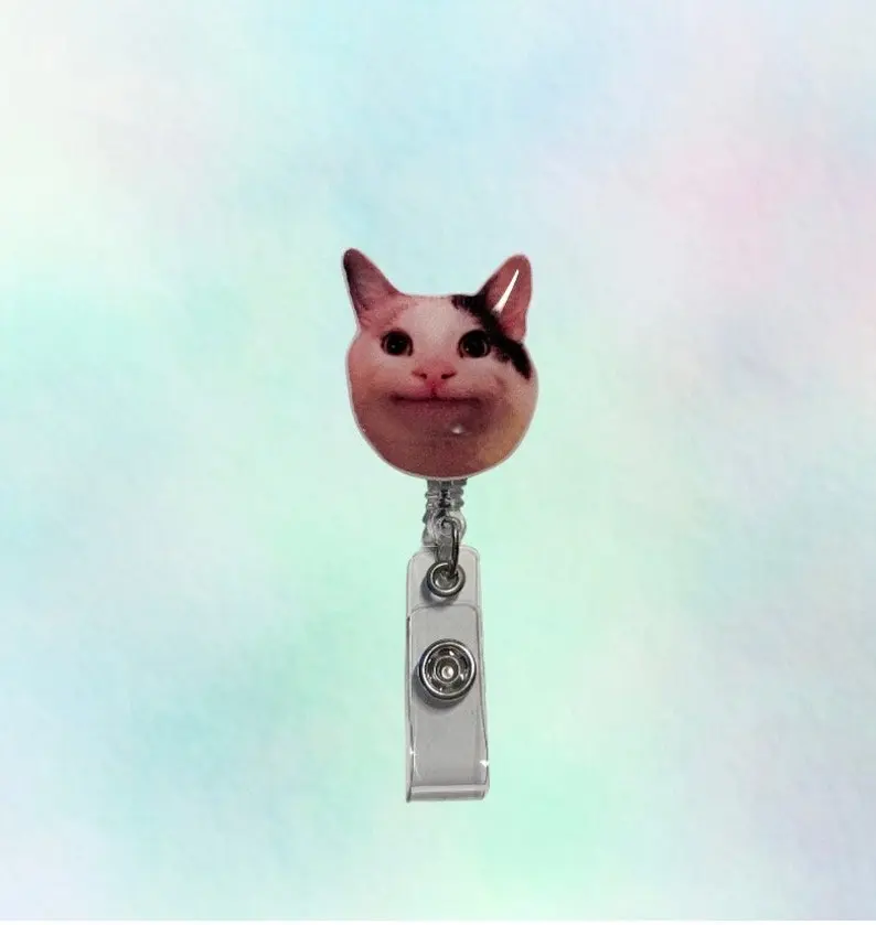 Smiling Cat Meme Badge Reel, Handmade