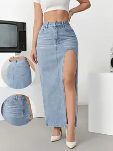 Women's Denim Skirt Summer Sexy Vintage Split Hem Bodycon Midi Dress, Casual Fitted A-Line Natural Waist, Embroidery Button Closure