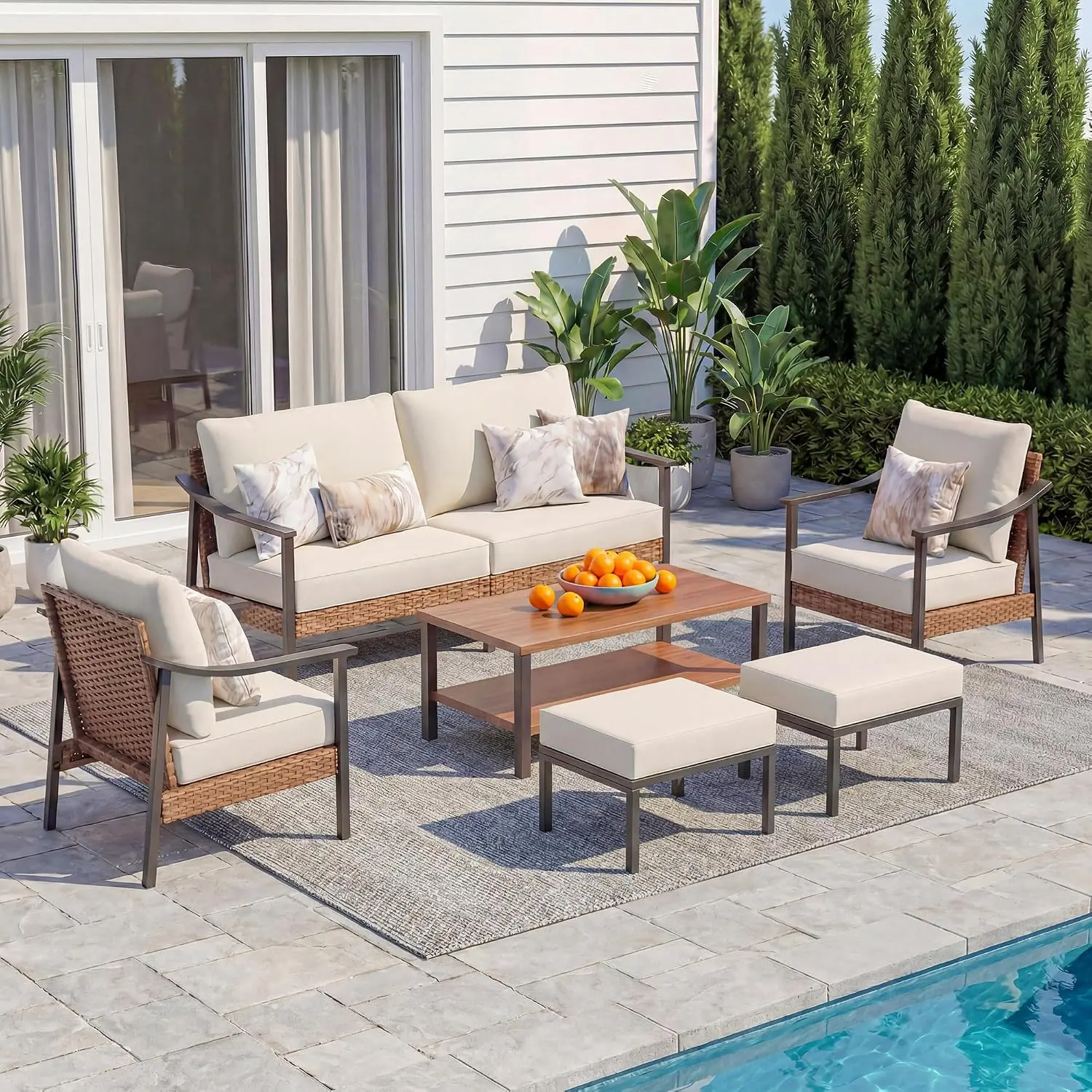 LAUSAINT HOME 6 Pieces Outdoor Patio Furniture Set, Rattan Outdoor Couch Sectional, Wicker Patio Conversation Set with Ottoman and Coffee Table for Backyard, Porch, Garden, Beige