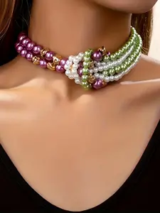 Boho Style Spring Summer Fashion Exaggerated Colorful Multi-Layer Knot Faux Pearl Necklace, Perfect for Streetwear Vacation Weddings