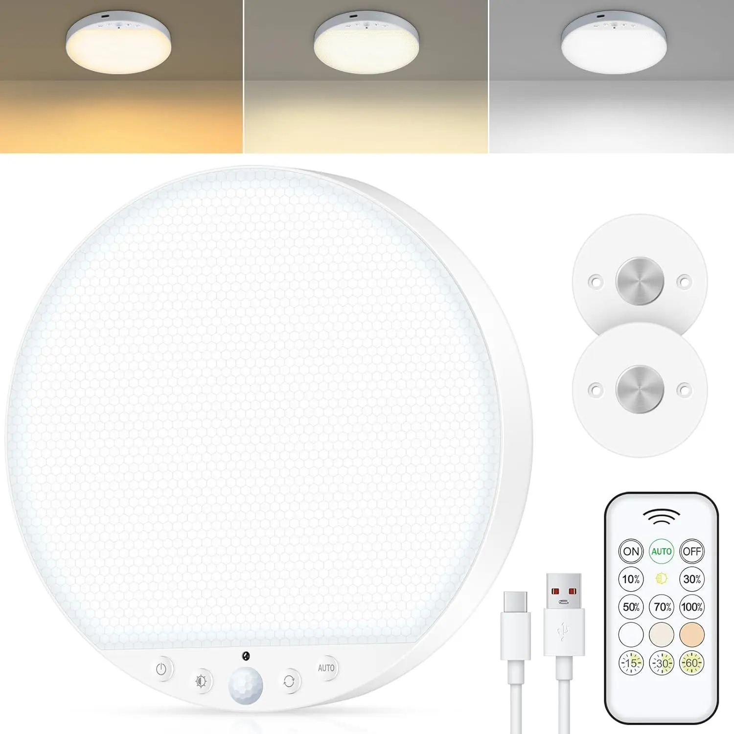 [USA Stock] - Rechargeable 6W Motion Sensor Ceiling Light Indoor, No Wiring & Magnetic Stick-On, Remote Control for Color & Brightness, Battery Operated Light for Shower, Closet, Bathroom, Pantry, Hallway, 1-Pack
