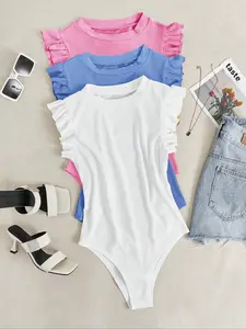Women's Solid Ruffled Bodysuit, Casual Bodysuit for Daily Wear, Ladies Clothes for All Seasons