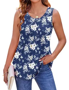 Women's Summer Tank Tops 2025 Pleated Crew Neck Floral Solid Loose Fit Casual Sleeveless Flowy Boho Tunic Shirts
