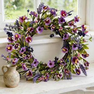 Spring Flower Wreath, Hanging Flowers, Artificial Hanging Flower, Wildflower Lavender and Blueberry, Farmhouse Style Porch Decor, Living Room and Easter Decoration