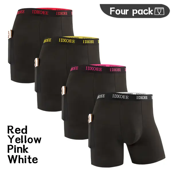 Men's Plain Minimalist Boxers (4 Pcs) - Menswear, Elastic Waistband, Soft Skin-Friendly Polyester Fabric, Right-Side Pocket, Quick-Drying, Sweat-Absorbent, Anti-Friction Long Flat-Cornered Underwear, Machine Wash